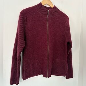 Full Zip 100% Wool Maroon Sweater Women L Knit Vintage FIELD GEAR Elbow Patches